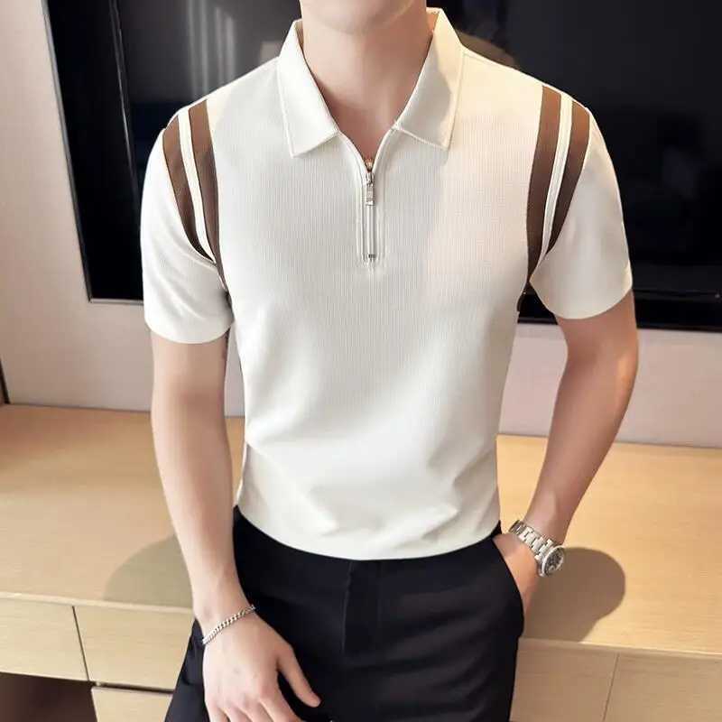 Summer High Elastic Stripe Short Sleeve Polo Shirts 2023 Mens Business Casual Zipper T-shirt Tops Streetwear Plus Size 4XL-M X250306