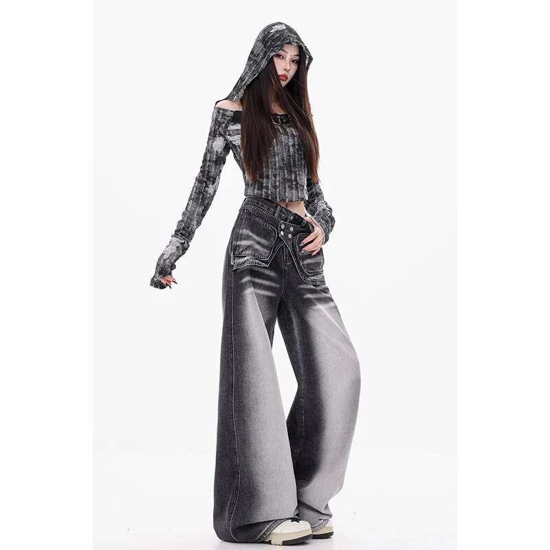 2024 New Autumn/Winter Retro Fashion Women's 90S Fake Two-Piece Y2k Design Black Jeans 2000S High Waist Whitening Denim Pants