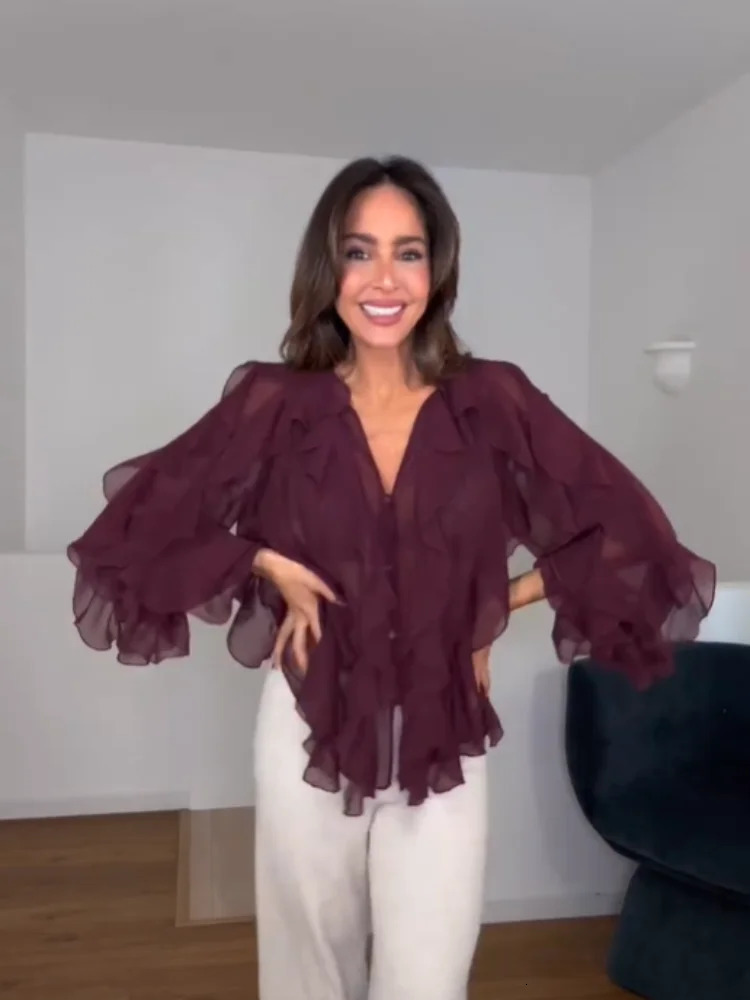 Fashionable womens multilayer pleated shirt sexy See Through Vneck long sleeved single chest Tshirt Spring solid top 250306