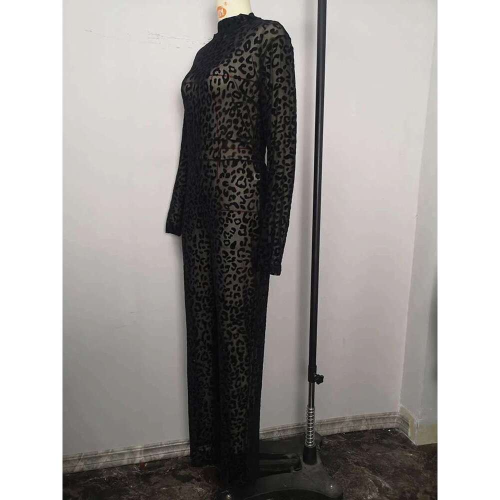 Sibybo Fashion Gauze Jumpsuits Sexy Leopard Print See Through Rompers Casual Basic Long Sleeves Wide Leg Pants Hot Girl Clothing KLMY