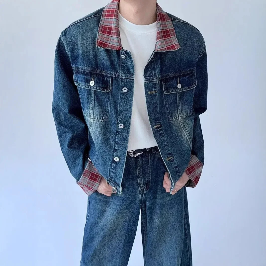 Trendy American Style Plaid Patchwork Lapel Denim Jacket High-End Vintage Mens Suit Two-Piece Set Casual Scene 250303