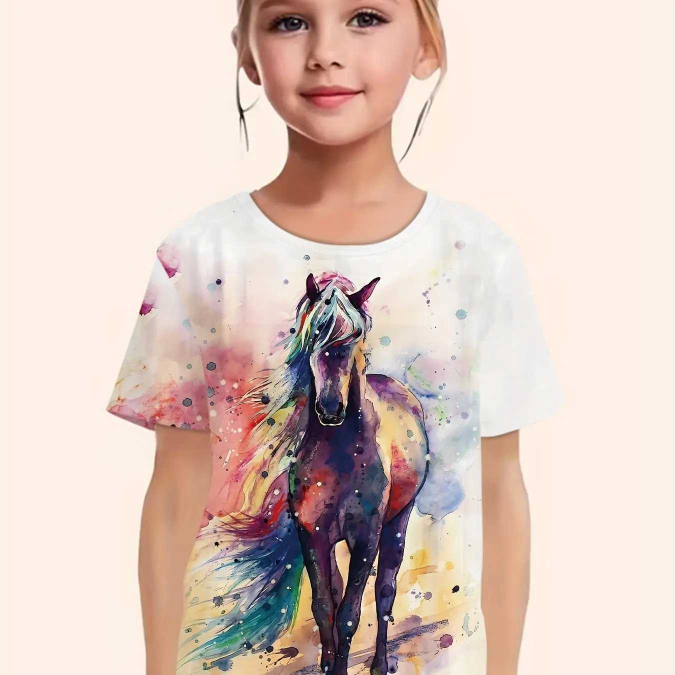 Childrens Clothing Girl Clothes Short Sleeve Girl T-Shirt Casual Vintage Horse Print Kids Summer Clothes Girl Top O-Neck TeesT250306