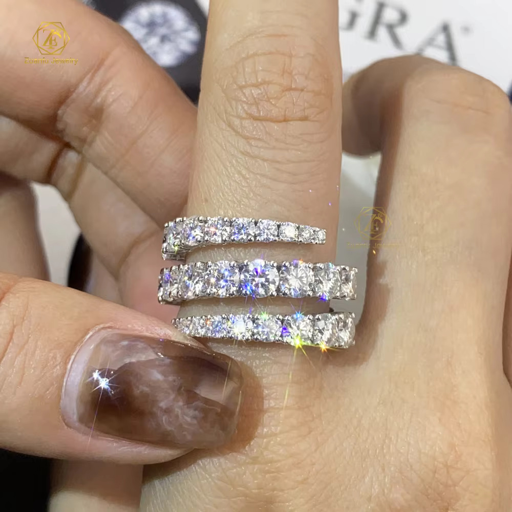 3 Rows 1.6mm - 4mm D VVS Moissanite Hip Hop Ring Wedding Jewelry 18K White Solid Gold Diamond Eternity Band Eternity Ring