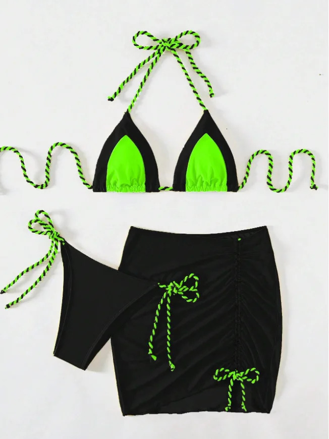 3piece swimsuit womens thong sexy striped bikini with sarong drag skiing beach yellow green 250306