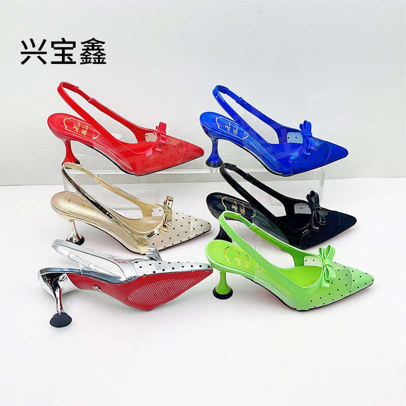 New pointed, slim heel shoes with sexy mesh dotted toe closure sandals, feminine and high-heeled sandals