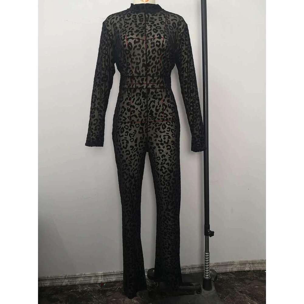 Sibybo Fashion Gauze Jumpsuits Sexy Leopard Print See Through Rompers Casual Basic Long Sleeves Wide Leg Pants Hot Girl Clothing KLMY