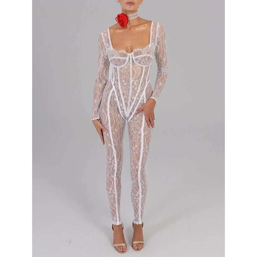 Sibybo Long Sleeve Lace Jumpsuits Basics Square Collar Skinny Leggings Casual Solid Color Taped Rompers Fall Women Clothing KLMY