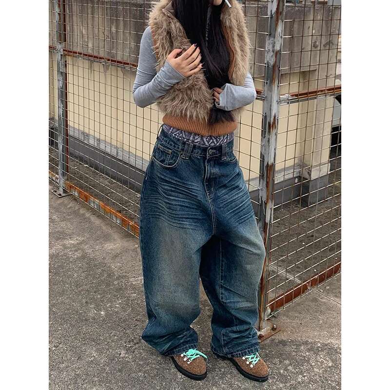 Y2k Style Blue Women Jeans 2024 Vintage Fashion High Waisted Streetwear Wide Leg Jean Female Trouser Hip Hop Baggy Denim Pants