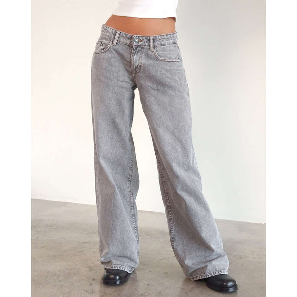 American retro low rise non elastic washed straight jeans autumn, new street wide leg denim pants for women in 2025, with a unique and elegant tempera
