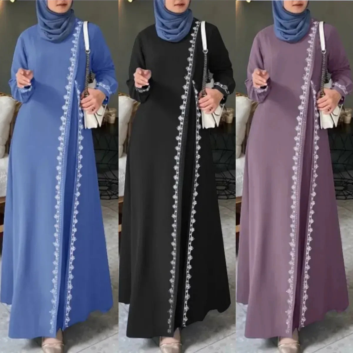 H726# Muslim Womens Long Sleeve Embroidered Dress Casual Spring Fashion Vest Dress Floral Print Loose Fit Maxi Dress 250305