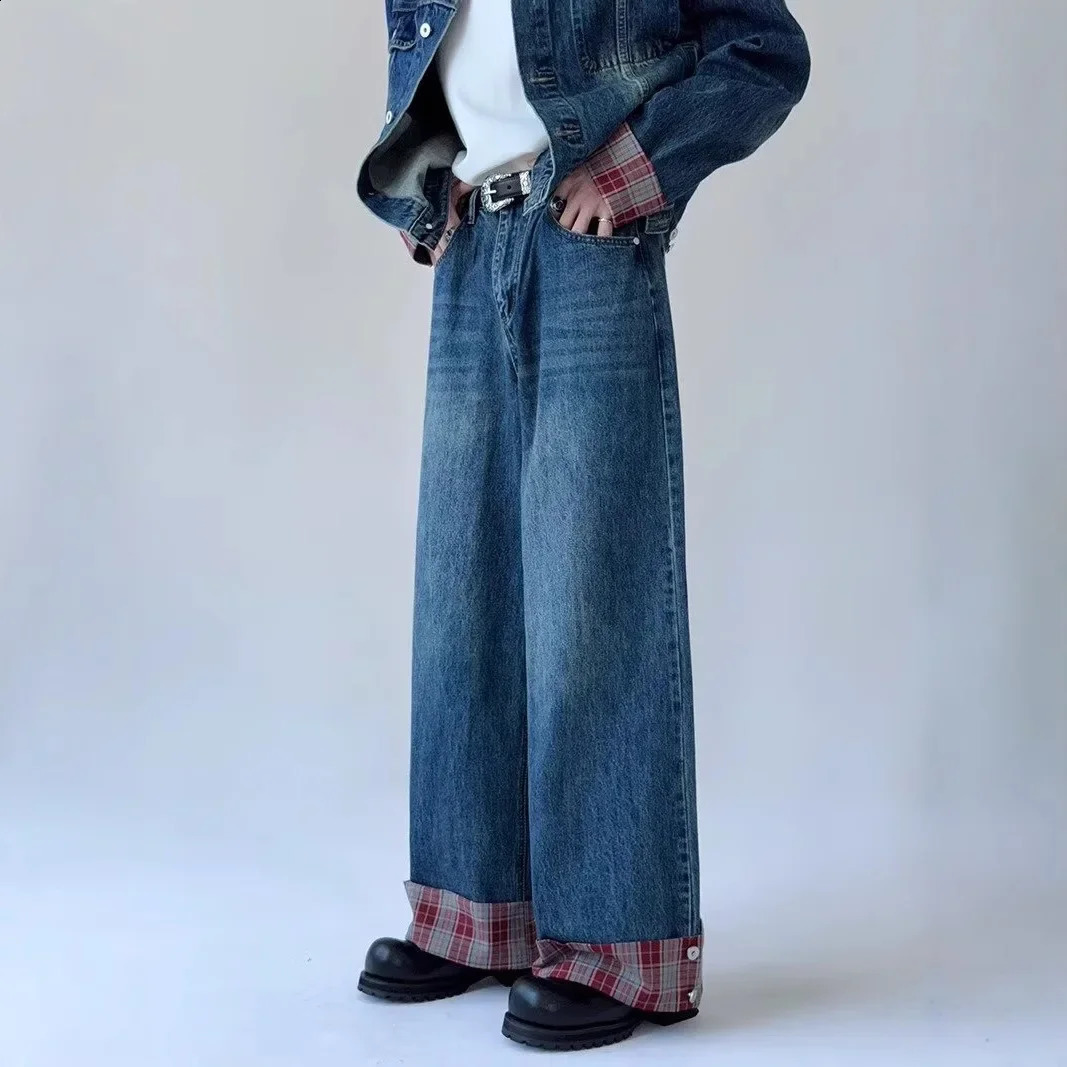 Trendy American Style Plaid Patchwork Lapel Denim Jacket High-End Vintage Mens Suit Two-Piece Set Casual Scene 250303