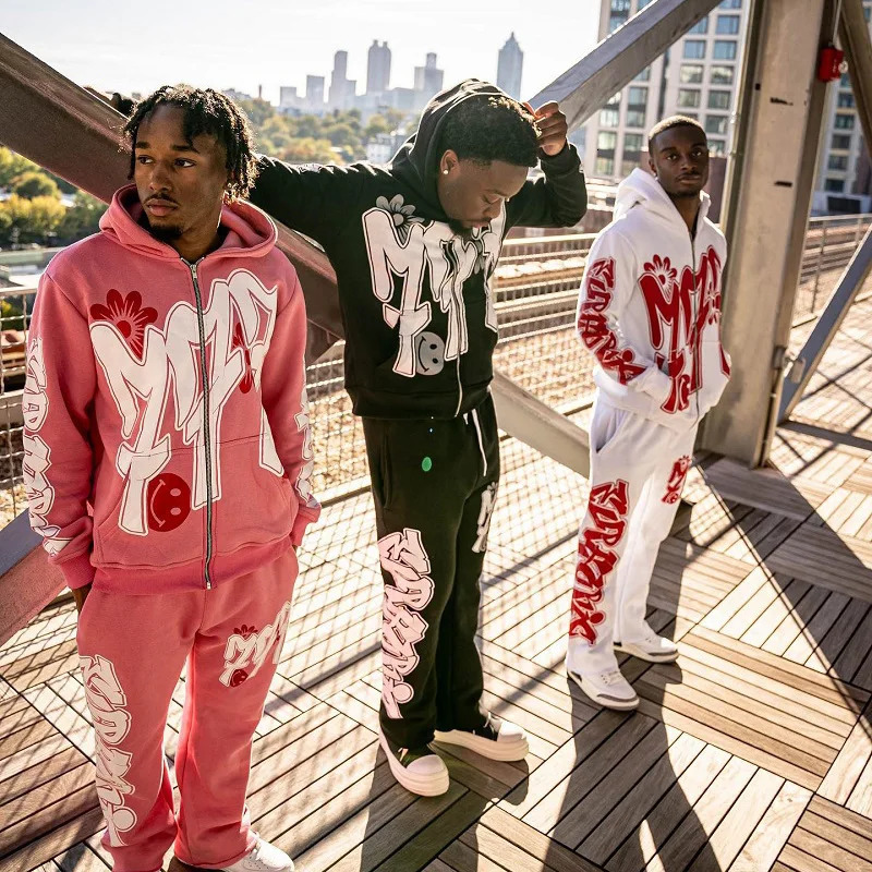 European and American Fashion Trend Letter Printing Hooded Suit Y2K Hip Hop Street Style Casual Cardigan Sweater Unisex 250306