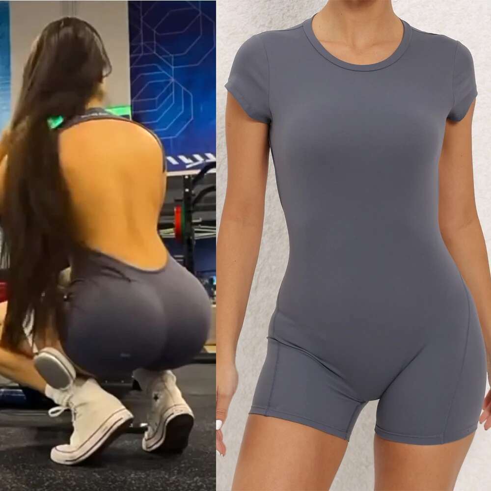 Bare Strap Chest Pad Short Sleeve Nude Yoga Jumpsuit Women Wear Bodybuilding Bodysuit Cycg Suit KLMY