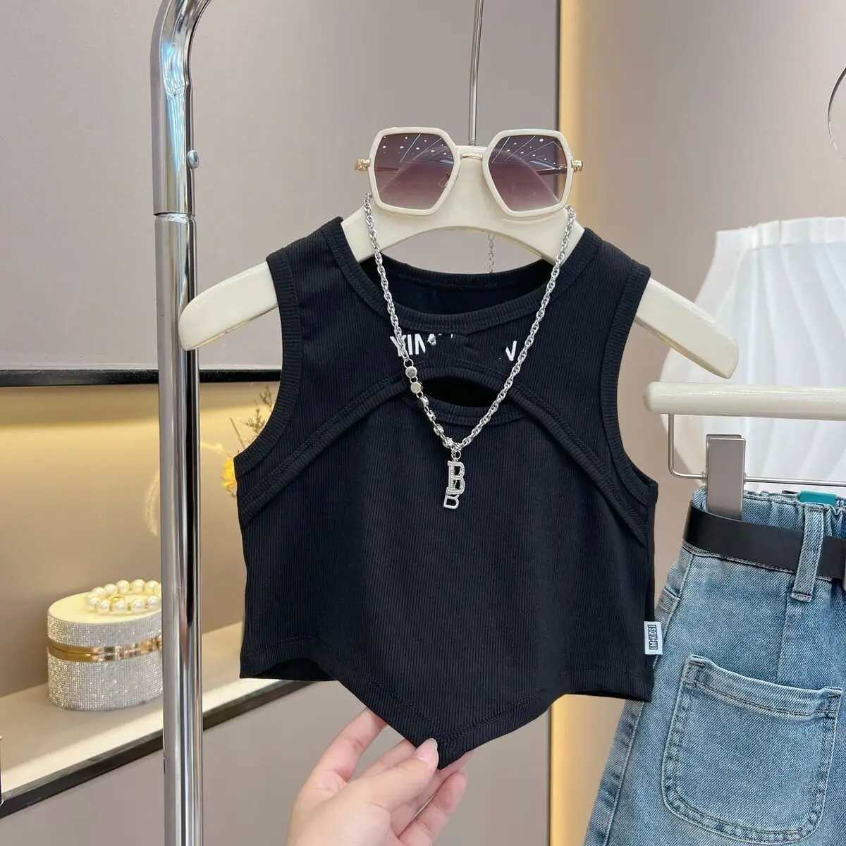 2024 Summer Girls 2-8 Years Fashion Vest Without Necklace Kids TopsT250306