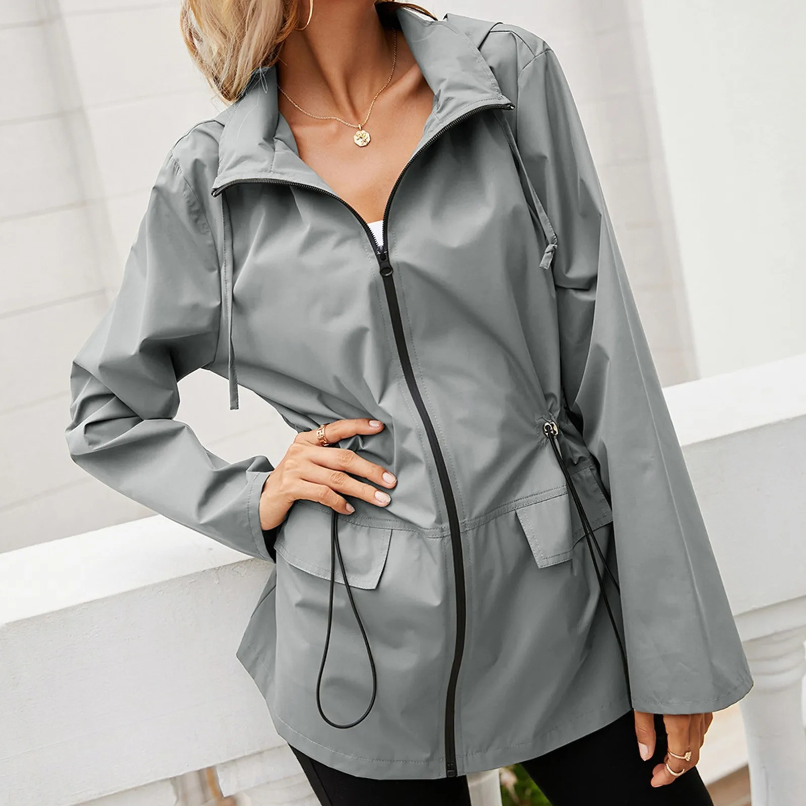 Jackets Women Plus Size Hooded Zipper Raincoat Outdoor Sports Windproof Jacket Casual Hiking Outerwear Coats Woman Clothing 250306