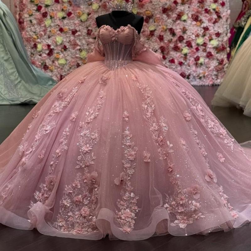 Luxury Pink Shiny Quinceanera Dresses Applique Flower Beads Tull Corset Princess Ball Gown Sweet 16 Vestidos 15 De XV Anos Party Gown
