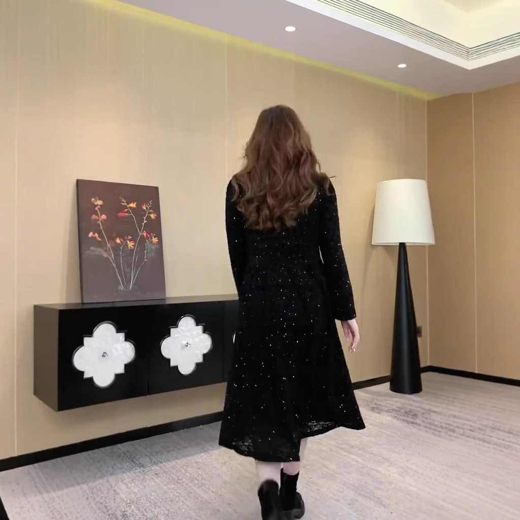 M1409 New Light Luxury Celebrity Shining Luxury Temperament Casual Long Sleeve Lace Dress Dress Large Size Women's Clothing