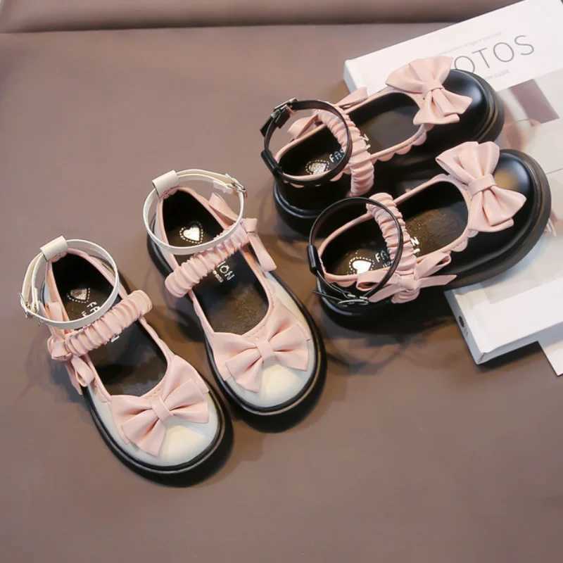 Girls Leather Shoes Fashion Lolita Mary Janes Autumn Pu Leather Kids Flat Shoes Bowknot Sweet Princess Girls Comfy School ShoeT250306