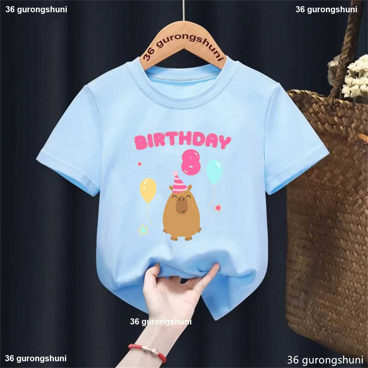 5th/6th/7th/8th/9th Birthday Capybara Balloon Printed Tshirt Girls/Boys Funny Kawaii Kids Clothes Fashion Solid T-Shirt TopsT250306
