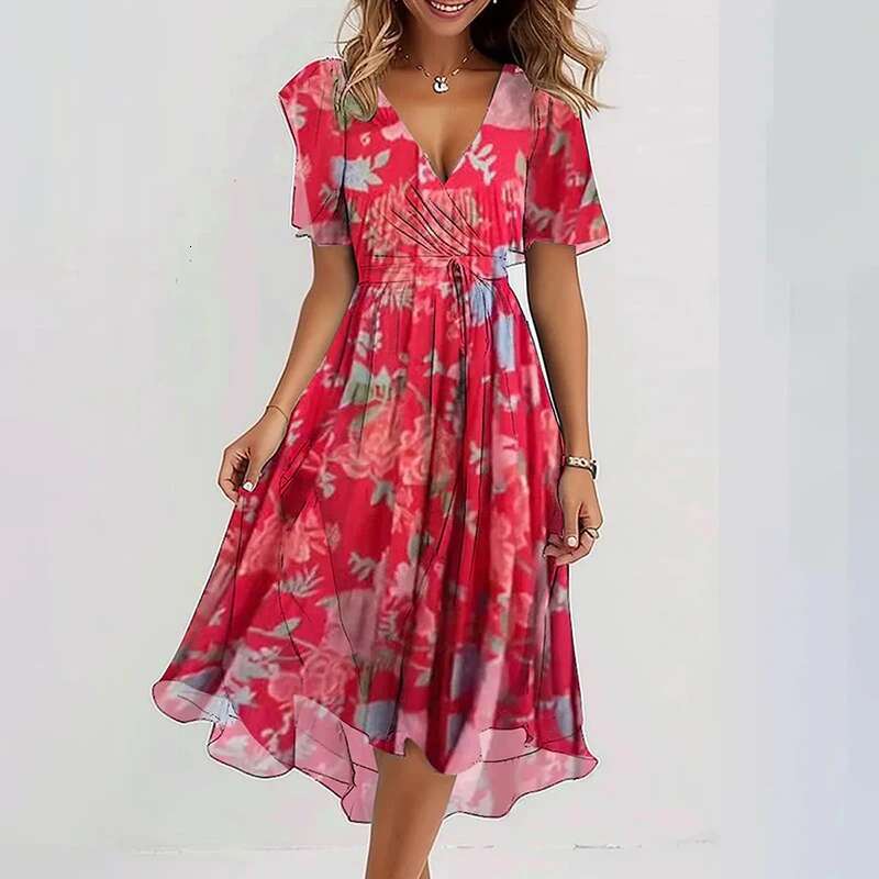 Spring Ral Print Chiffon Women Elegant V Neck Draped A-E Party Dress Summer Short Sleeve High-Waist Office Dresses