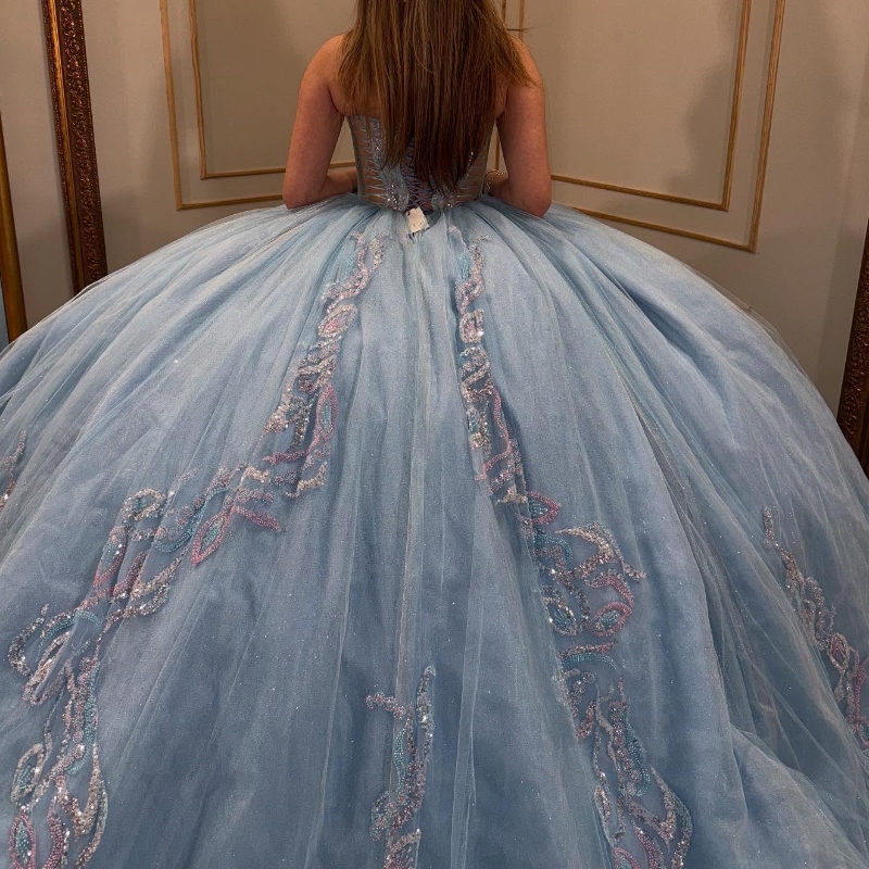 Sky Blue Quinceanera Dresses Ball Gown Off Shoulder Sequin Applique Lace Beads Tull Corset Sweet 16 Dress Vestidos 15 De Anos