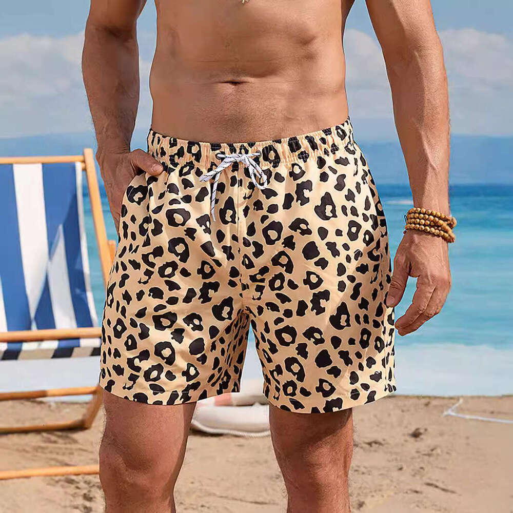 Men's leopard print men's quick drying water splashing shorts, loose oversized beach five quarter pants, 2025 new casual versatile fashion c