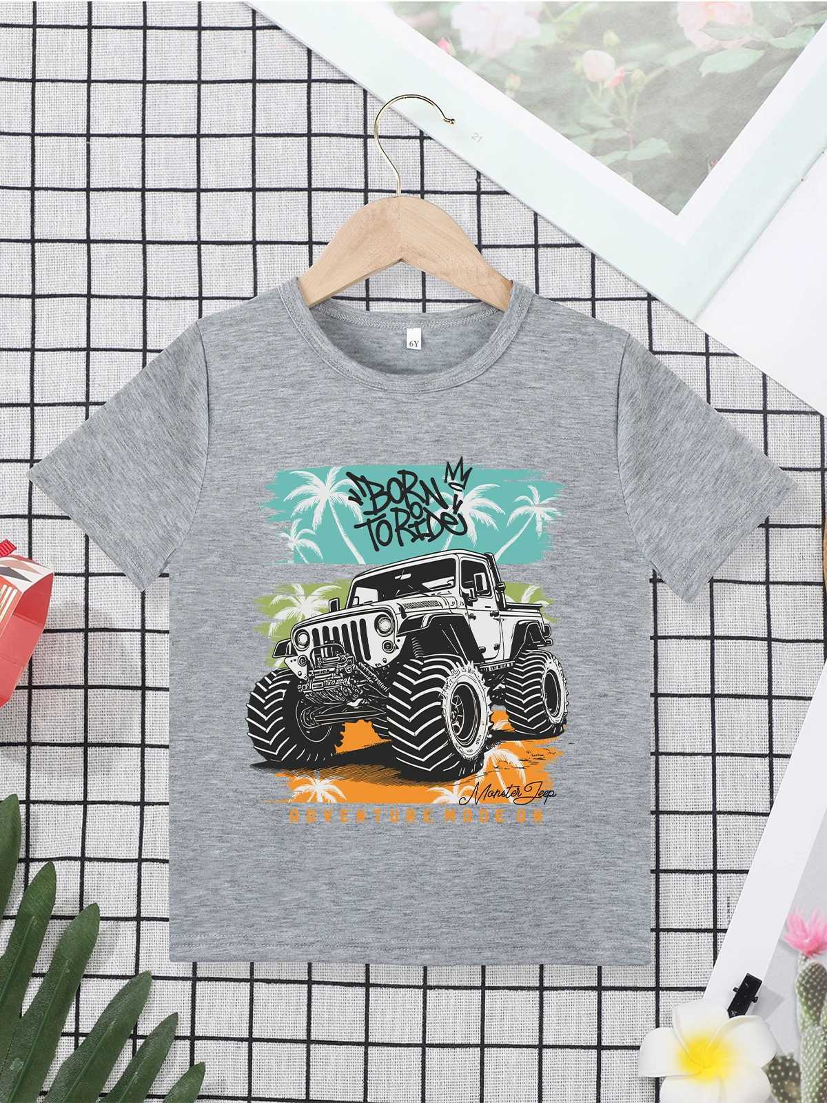 Monster Truck Hipster Boys Shirt Summer Outdoor Adventure Fashion Childrens Clothing Short Sleeve Black Tops Street Casual TeesT250306