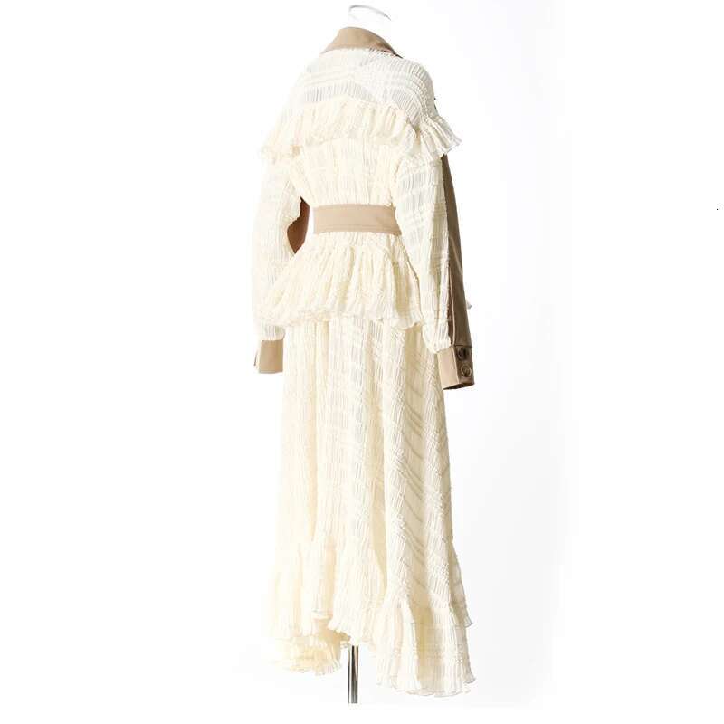 DEAT Fashion Lace Patchwork Trench Coat Women's Lapel Loose Double Breasted Sashes X-Long Windbreaker Spring 2025 New