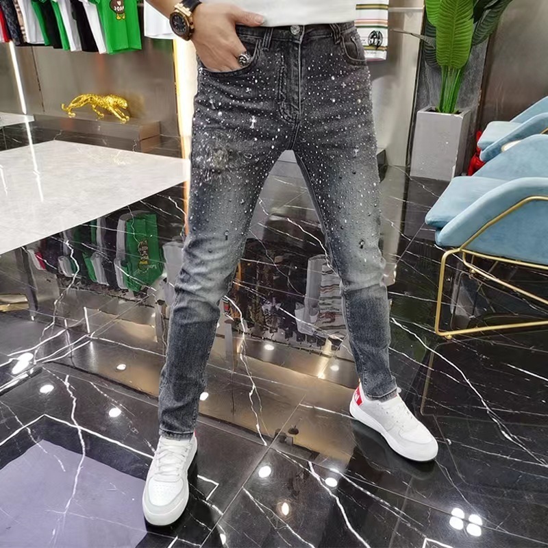 2023 Spring Trendy Brand Jeans Mens Light Grey Heavy duty Hot Diamond Fashion Casual Slim fit Small Leg Pants241206