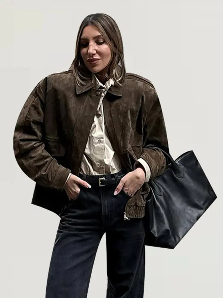 Casual Suede Jacket For Women With Pockets Vintage Turndown Collar Full Sleeve Zipper Female Bomber Spring Solid Ladies Suit 250306