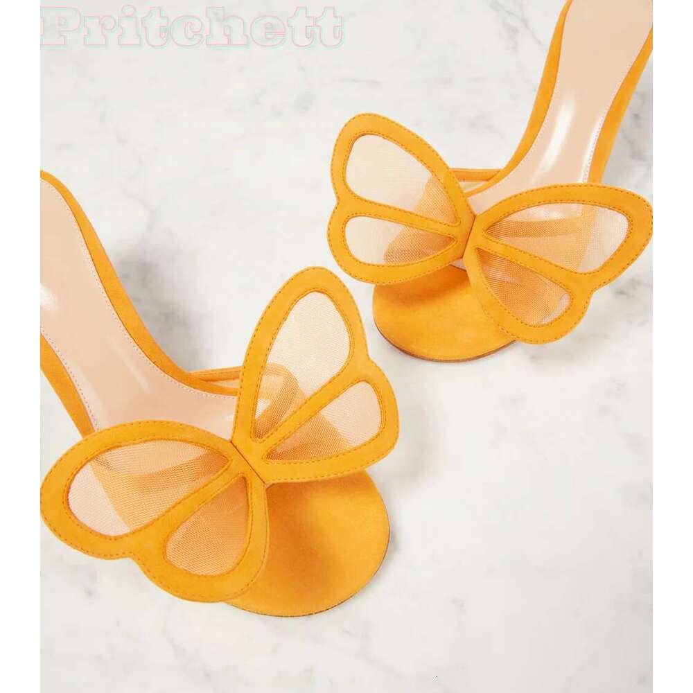 Round Open Yellow Toe Slippers Thin High Heels Butterfly Gird Pull-on Stilettos Summer Women Shoes 2025 New Arrival