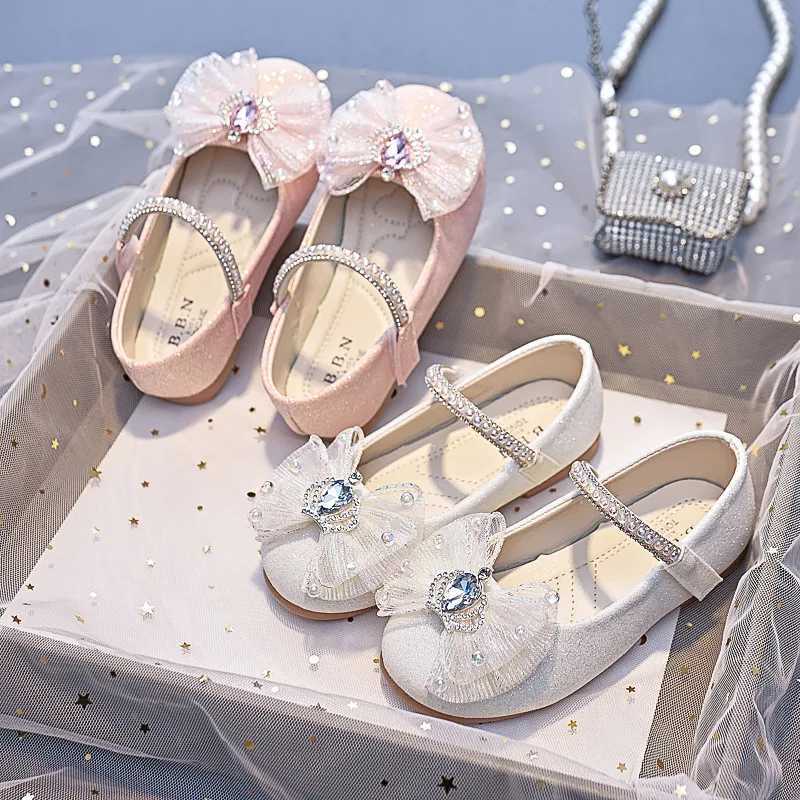 Girls Mary Jane Shoes with Bow-knot Fashion Kids Pearls Crown Princess Shoes for Party Wedding Children Leather ShoesT250306