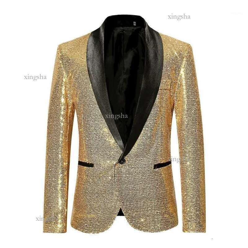 Men's Suits & Blazers Shiny Gold Sequin Bling Glitter Blazer Men 2021 Shawl Collar Club DJ Mens Jacket Stage Clothers For Sing