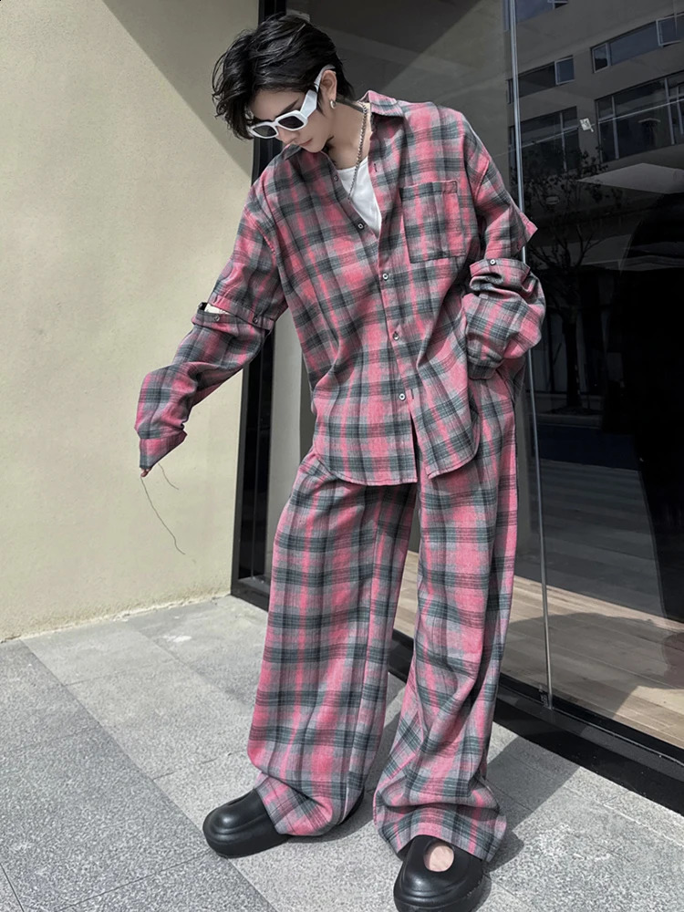 LUZHEN Stylish Detachable Sleeve Plaid Printed Two-piece Sets Trendy Loose Straight Pants Mens Shirts LZ2424 250303