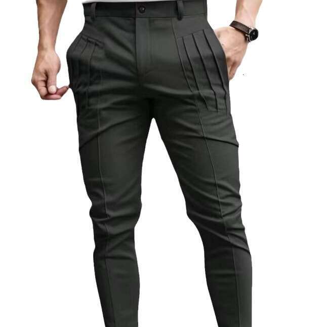 European and American hot selg men's solid color tight pocket zipper casual slim fit small leg pants 2025 temperament versatile new trend clothin