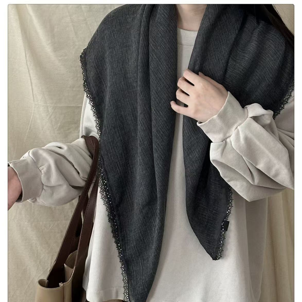 T235 new 2025 high-grade literary retro cotton and linen square scarf all-match sequin headscarf sunscreen scarf shawl niche