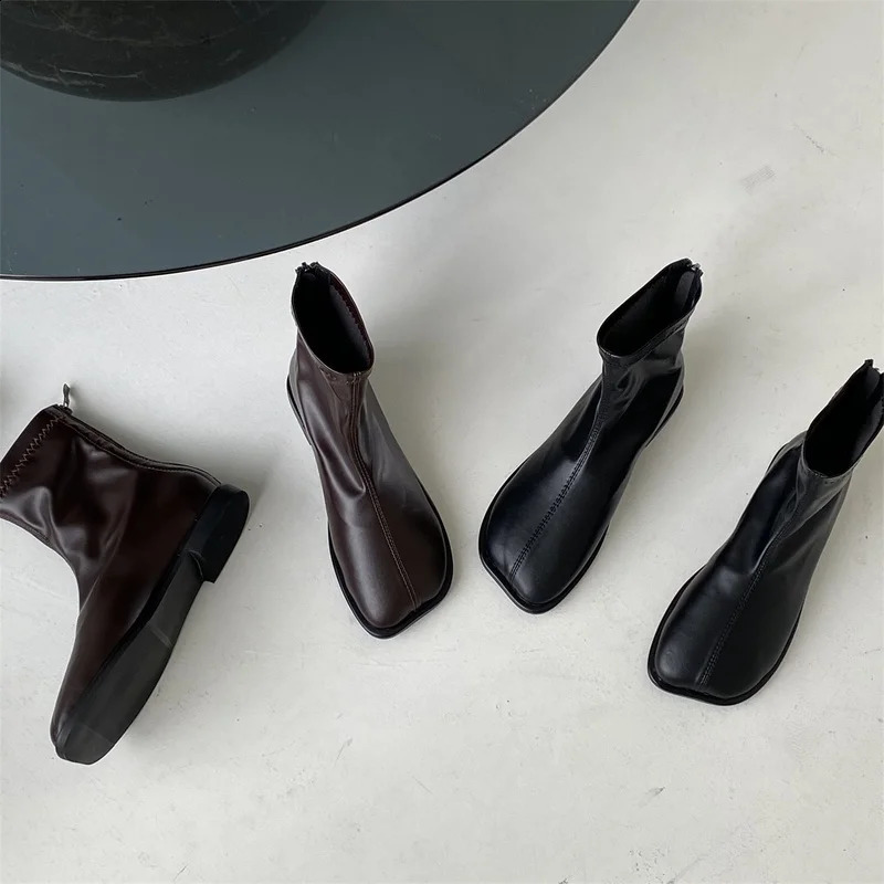 Rock Shoes Woman Autumn Boots Flat Heel Zipper Boots-Women Ladies Ankle Leather Rubber Low Fabric Square Toe Rome Basic Sol 250305