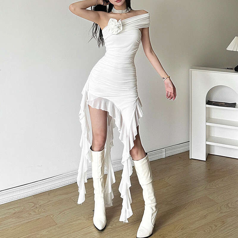 European and American style summer women's solid color slim fit high waist fashionable one neck strapless dress 2025 new casual fashion trend clo