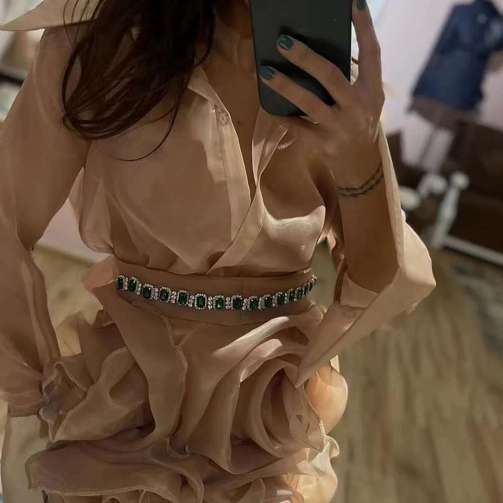 Solid Slimming Two Piece Sets For Women Lapel Long Sleeve Shirt High Waist Spliced Appliques Chic Set Female Style