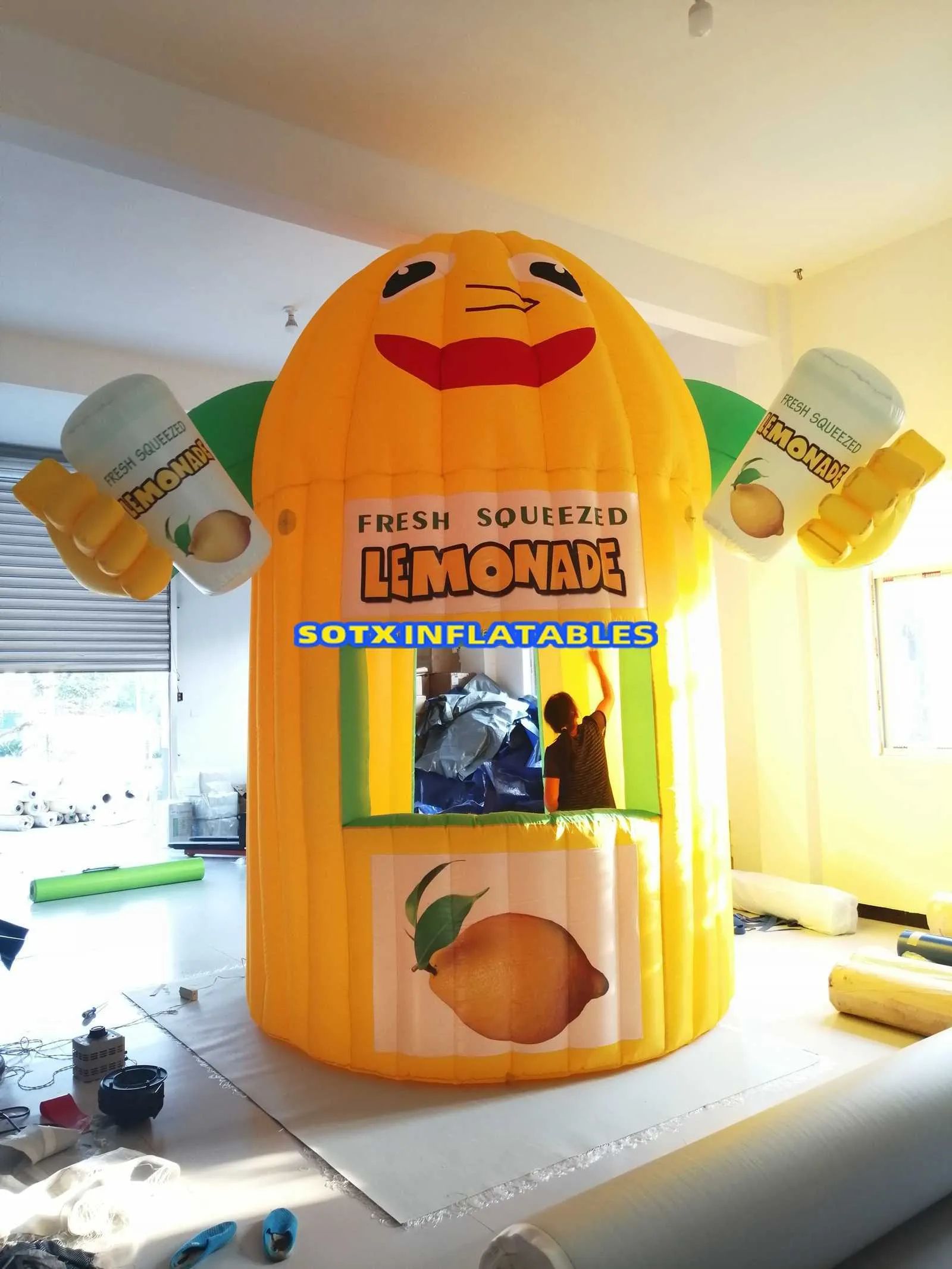 5mLx5mWx4mH (16.5x16.5x13.2ft) with blower Show display inflatable lemon booth inflatable lemonade stand with hands for advertising