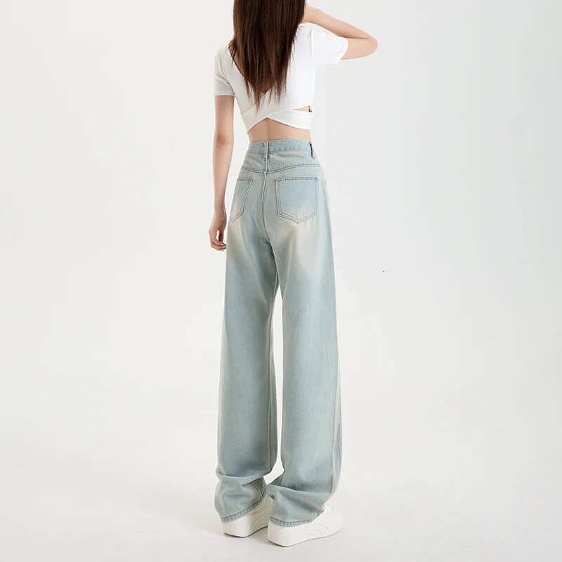 Woman Jeans High Waist Wide Leg Cotton Denim Clothing Dia Design Sense Straight Pants Comfort Casual Trousers Plus Length