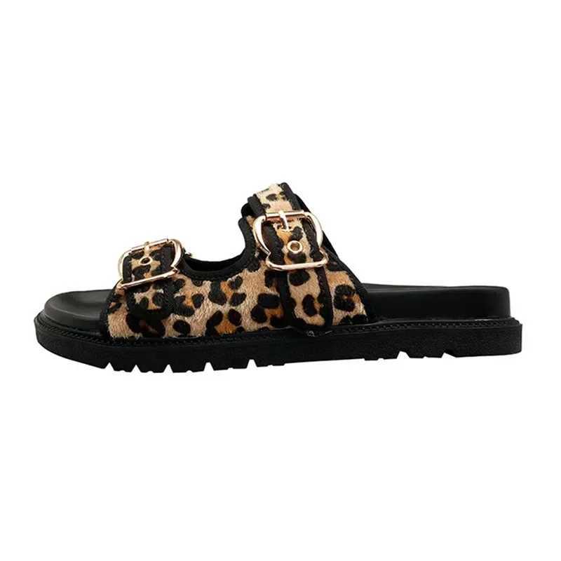 High Quality Leopard Metal Buckle Design Wen Slippers Sexy Cfort N Slip Slide Sandals Summer Size 43 Platform Flip Flops Y250306