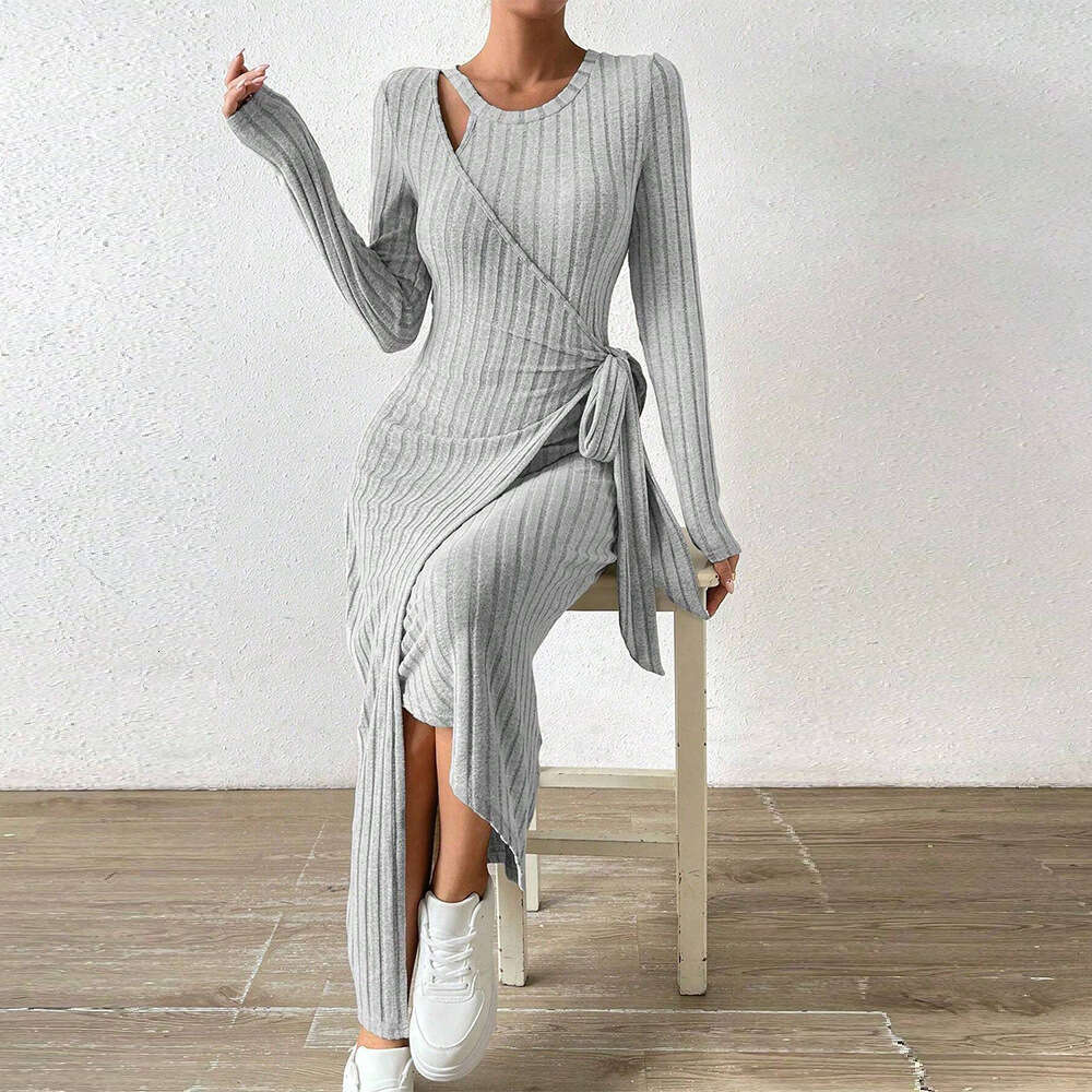 Autumn/Winter New Women's Knitted Grey Irregular Long Dress KLMY