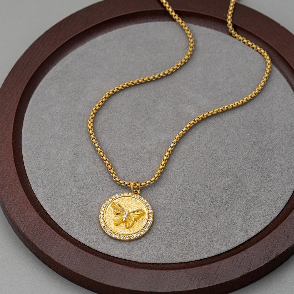 French Vintage Round Brand Butterfly Pendant Brass 18K Gold Plated Necklace Collar For Women