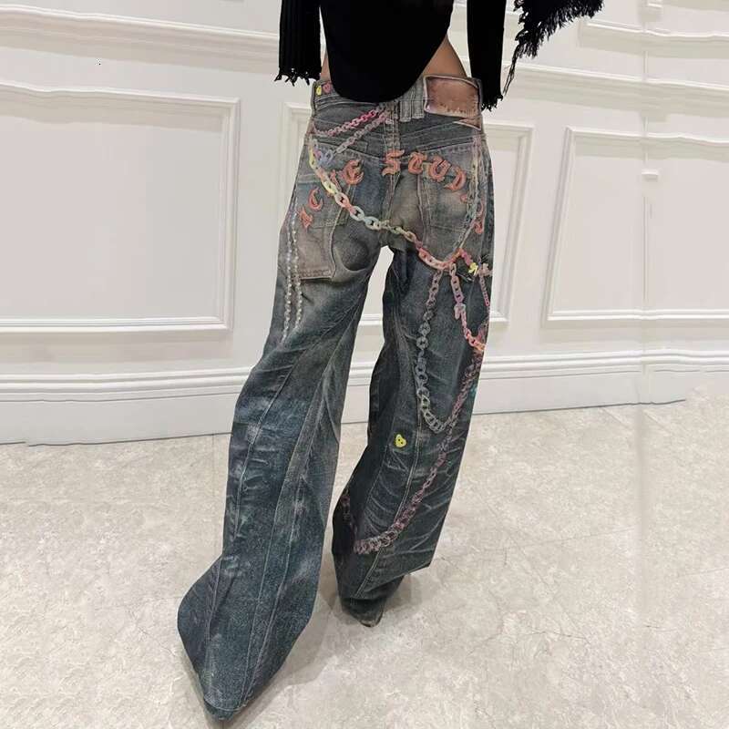 Women's Jeans, Loose Chain Printed Wide Leg Pants, Fashion Versatile High Quality Trousers, Spring, New, 2025, Y2k