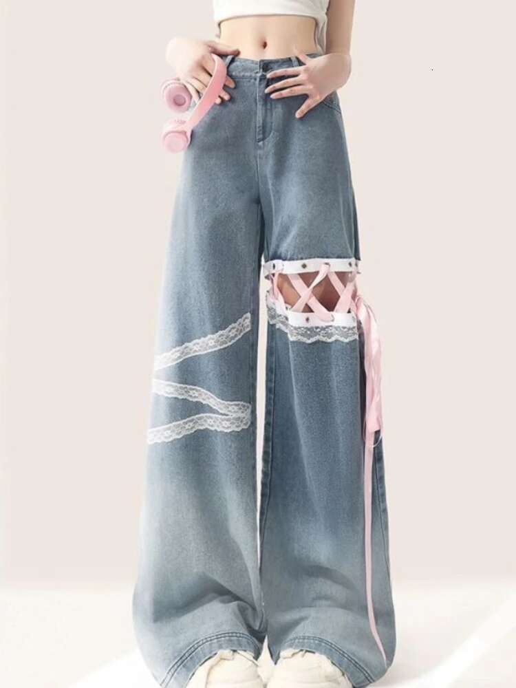 American Sweet Pantalones De Mujer Lace Patchwork Bandage High Waist Casual Loose Jeans Preppy Style All Match Women's Clothing