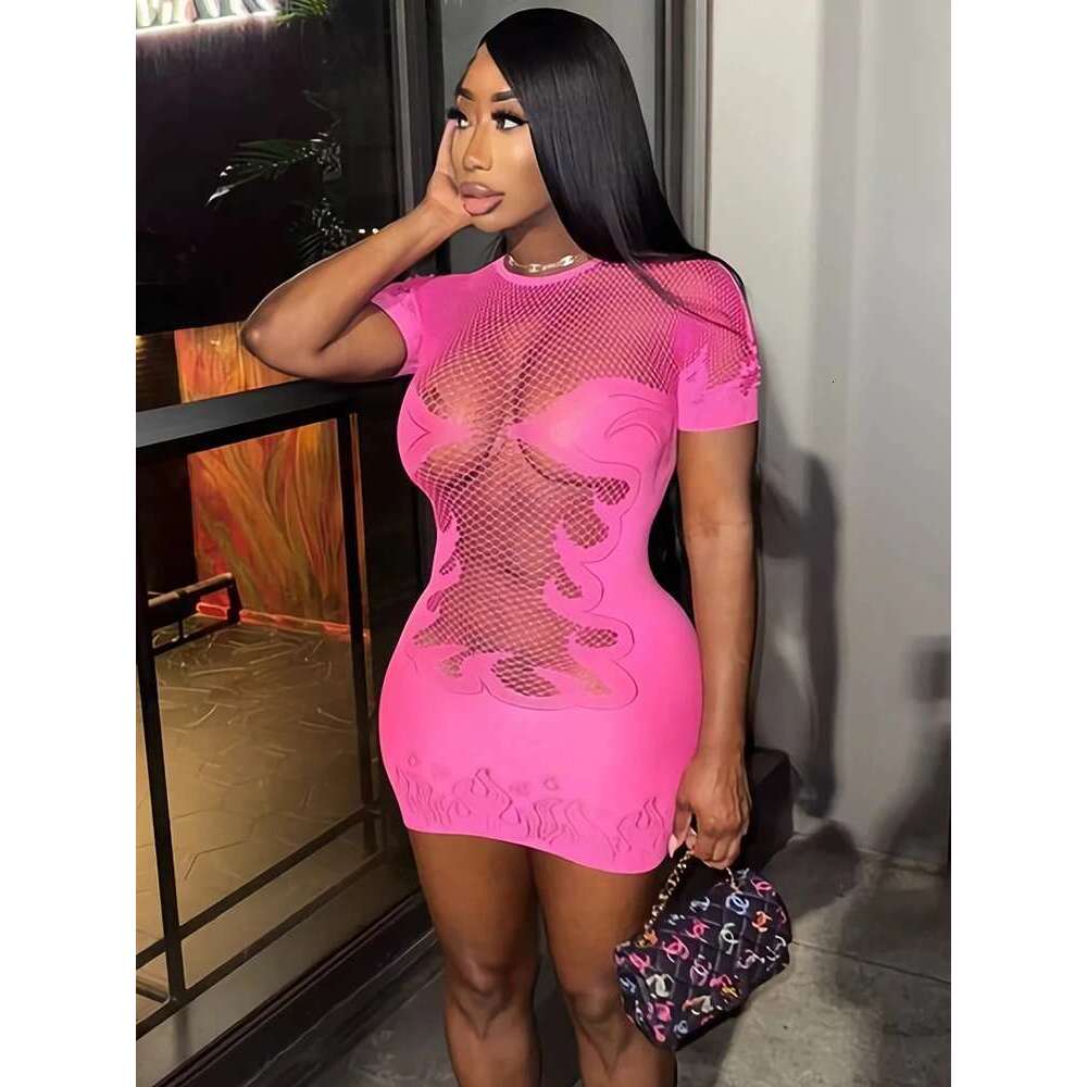 Sibybo Basics Solid Color Sheer Mini Dress For Women Fashion Round Neck Short Sleeve High Stretch Bodycon Dresses Sexy Party KLMY