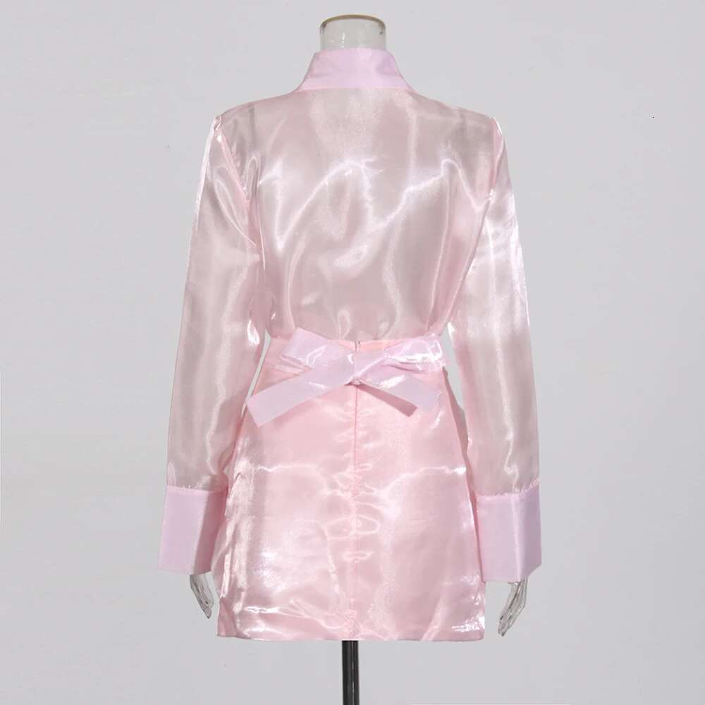 Solid Slimming Two Piece Sets For Women Lapel Long Sleeve Shirt High Waist Spliced Appliques Chic Set Female Style