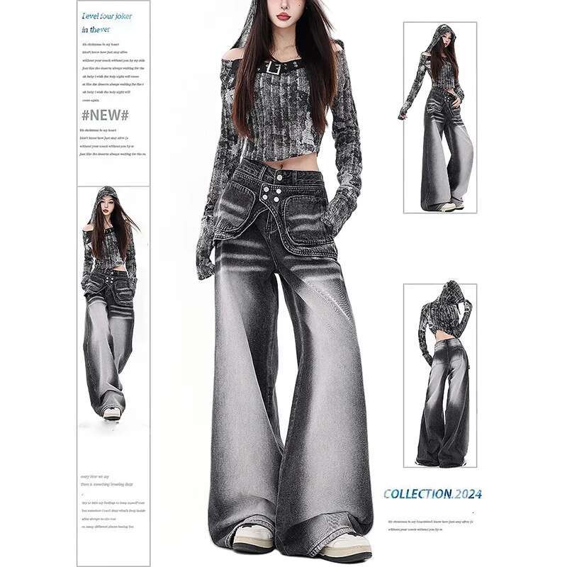 2024 New Autumn/Winter Retro Fashion Women's 90S Fake Two-Piece Y2k Design Black Jeans 2000S High Waist Whitening Denim Pants