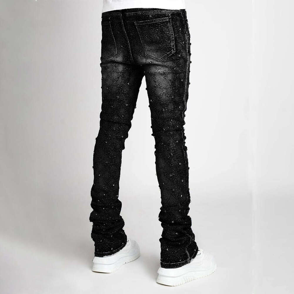 Men's personality straight leg European and American Instagram hot item elastic pearl denim layered men's pants 2025 new casual versatile fa
